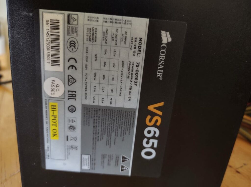 The label side of the VS650 power supply showing the breakdown of the 650watts of power